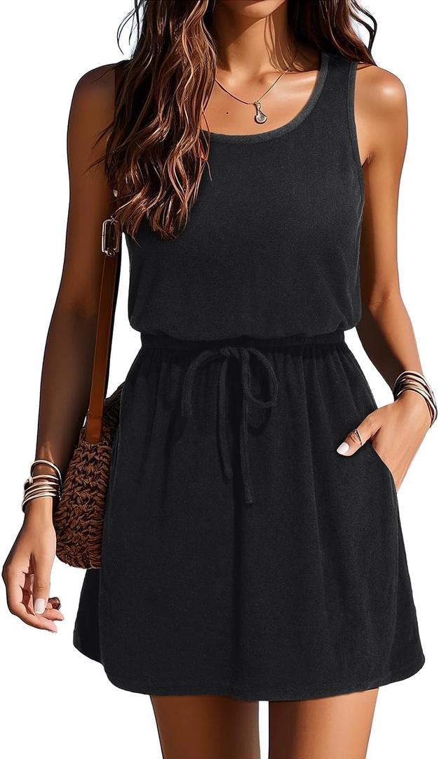 Swimsuit Coverup for Women - Terry Cloth Beach Cover Up Dress - Drawstring Sleeveless Casual Sundress Pockets (X-Large, Black)