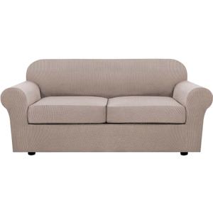 H.VERSAILTEX 3 Piece Stretch Sofa Covers for 2 Cushion Sofa Couch Covers for Living Room Furniture Cover (Base Cover Plus 2 Seat Cushion Covers) Thicker Jacquard Fabric(Large Sofa, Sand) (Medium-XL)