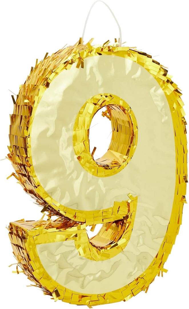 Juvale Gold Foil Number 9 Pinata - Easy Fill for 9th Birthday Parties - Durable Metallic Kids Pinata - Tabletop & Hanging Centerpiece - Gold, Small, 15.5 x 11 x 3 in