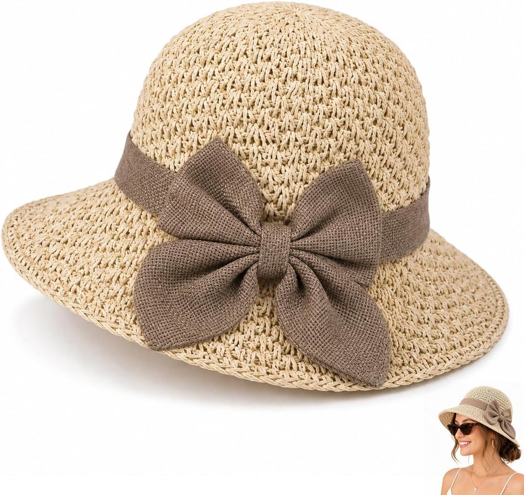 Versatile Woven Straw Sun Hat for Women,Women's Sun Hat,Wide Brim UV Protection Foldable Beach Hat with Bow, Summer Hats (Beige)
