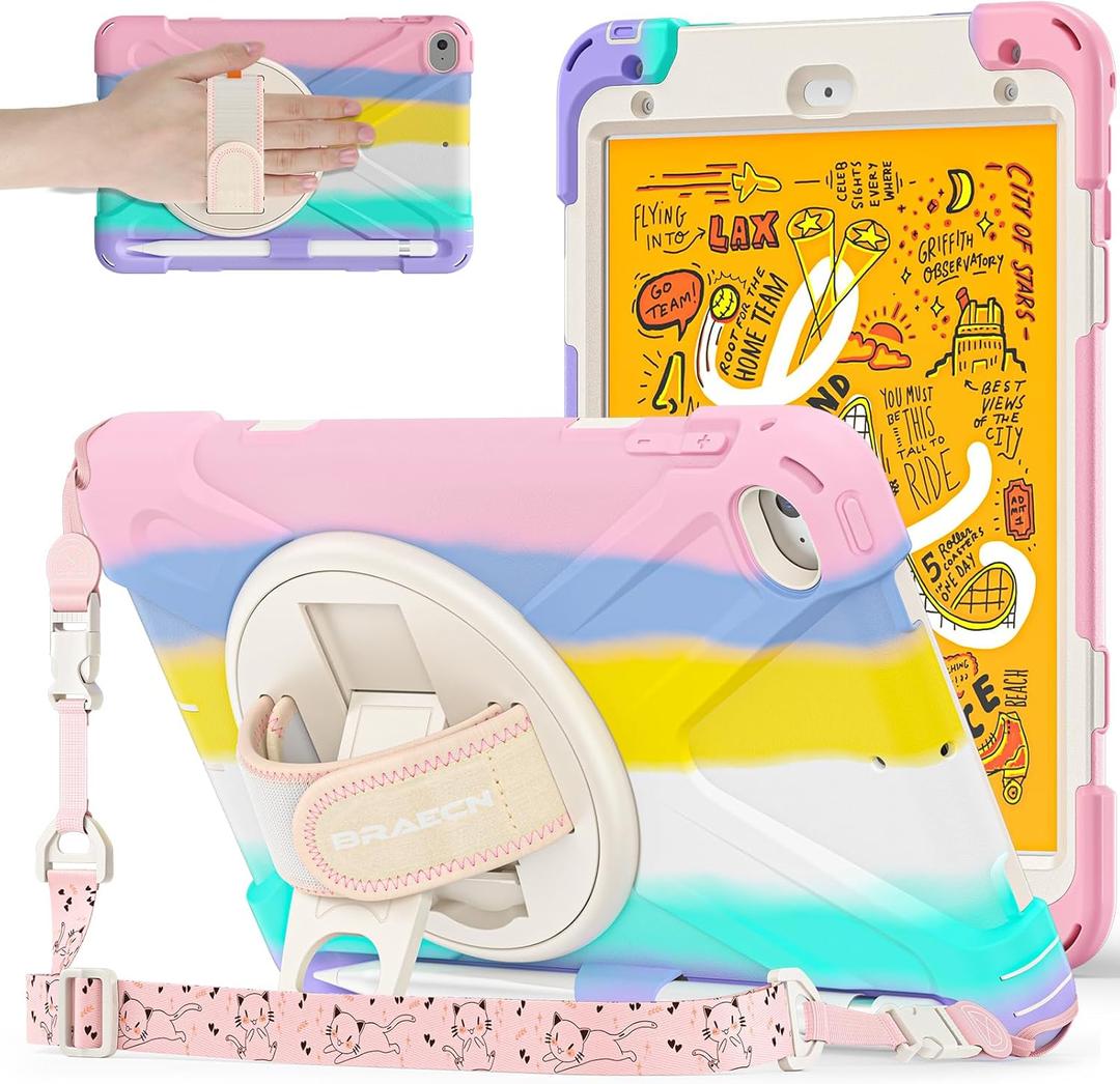 BRAECNstock Kids Case for Apple iPad mini 5/4 7.9" 2019/2015, Shockproof Protective with Pencil Holder, Rotating Hand Strap & Stand, Shoulder Strap, Case for iPad mini 5th/4th Gen, Colorful Pink