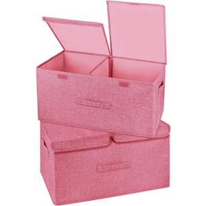 2 Pack Storage Boxes with Lids and Handles, Collapsible Linen Storage Bins Organizer Containers Baskets Cube with Removable Divider for Home Bedroom Closet Office (Pink, Large)