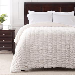 Chanasya Premium Ruched Faux Fur Throw Blanket - Luxurious, Soft Reversible Mink Blanket - 92" x 85 (Queen Size) - Cloud (Queen / Full, A(Cloud))