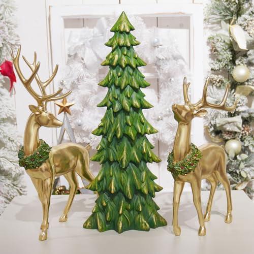 Newman House Studio Standing Reindeer Tree Figurine Christmas-Decor - 3PC Large Christmas Reindeer Decor Indoor Gold Resin Deer with Tree Statue White Farmhouse Decor 10.75 * 7 * 20.25 inch