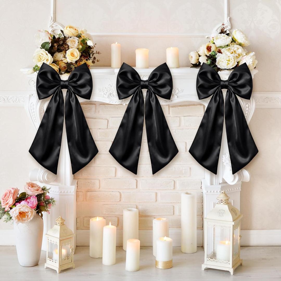 3 Pcs 2 FT Large Bow Decorations Big Satin Bows Hanging Wall Decors for Room Fireplace Coquette Birthday Backdrop Bridal Shower Wedding Bachelorette Christmas Party Supplies(Black)