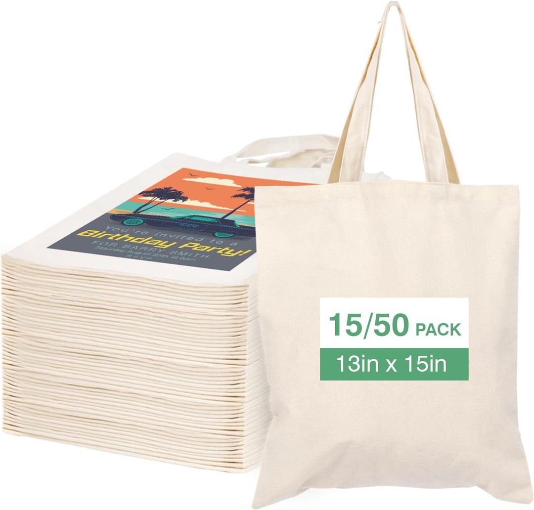 zerking 50 Pack Canvas Tote Bag Bulk Sublimation Blank Bags, 13x15 Inches 10oz Medium Lightweight Reusable Grocery Shopping Cloth Bags for DIY Gifts or Prizes