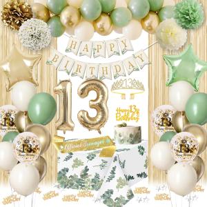 13th Birthday Decorations for Girls, Sage Green 13 Birthday Girl Decorations Happy Birthday Banner Bday Sash Crown Tablecloth Fringe Curtain Official Teenager Decor 13 Year Old Girl Bday