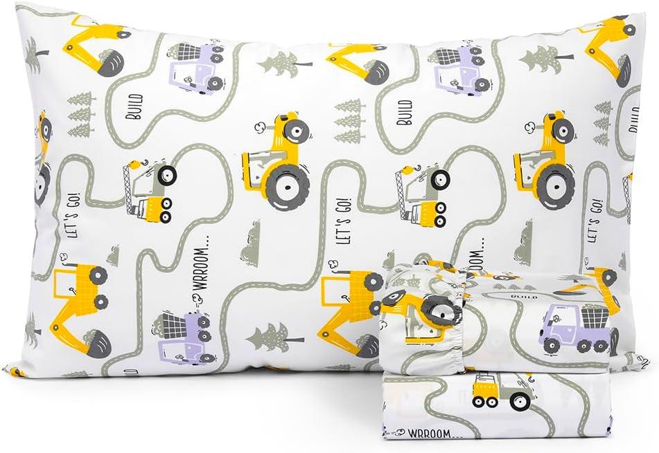Salt Earth 100% Cotton 210TC Kids Bedsheet, Twin Sheets Set for Toddler Bed, 3 Piece Bedding Set Including Flat Sheet, Fitted Sheet, and Pillowcase, Themed Cute Sheets, Playful Kids Bed (Tractor)