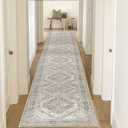 KUTA Ivory Grey Washable Runner Rug 2.6x16, Non-Slip 16ft Extra Long Hallway Kitchen Rugs, Soft Printed Distressed Oriental Medallion 16ft Stair Runners Indoor for Bedroom Entryway (2'7" x 16' (Runner))