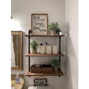 Industrial Pipe Shelving Bookshelf Rustic Modern Wood Ladder Storage Shelf 3 Tiers Retro Wall Mount Pipe Design DIY Shelving (24in, 24inch)