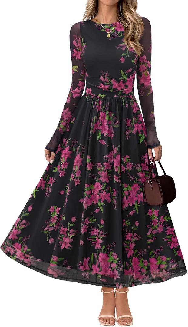 MEROKEETY Women's Long Sleeve Spring Wedding Guest Dress 2026 Crewneck Floral Flowy Mesh Cocktail Maxi Dresses (M)