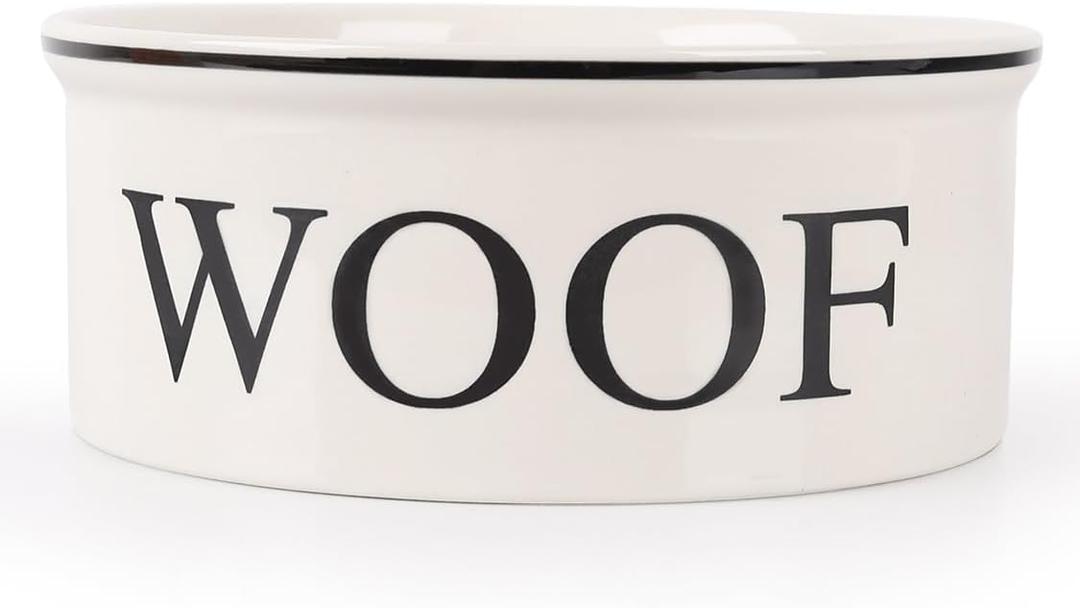 Ceramic Dog Bowl with Bone Pattern - 8" Extra Large Food Water Bowl for Medium and Large Dogs, Weighted, Microwave & Dishwasher Safe, 55 oz (Beige) (Off-white)