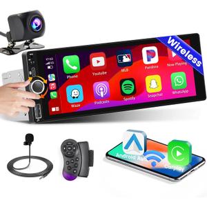 6.9 Inch Single Din Car Stereo with Wireless Carplay Android Auto HD Touchscreen Radio Receiver with Bluetooth 5.1 Audio FM/RDS EQ SWC Mirror Link AUX/TF/USB Type-C Port Backup Camera