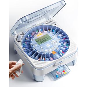28-Day(1X) Automatic Pill Dispenser One-Press Daily Dispense (No APP), Easy-to-Use Slide-Door Cup, Sound & Light Alerts, Moisture-Proof Dual Desiccants, Large Compartments for Tablets & Capsules