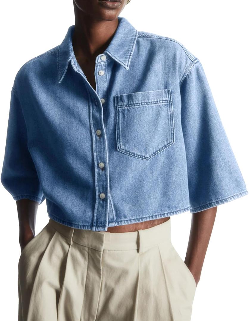 Womens Crop Denim Shirt Half Sleeve Button Down Short Jean Jacket with Pocket (Blue, XL)
