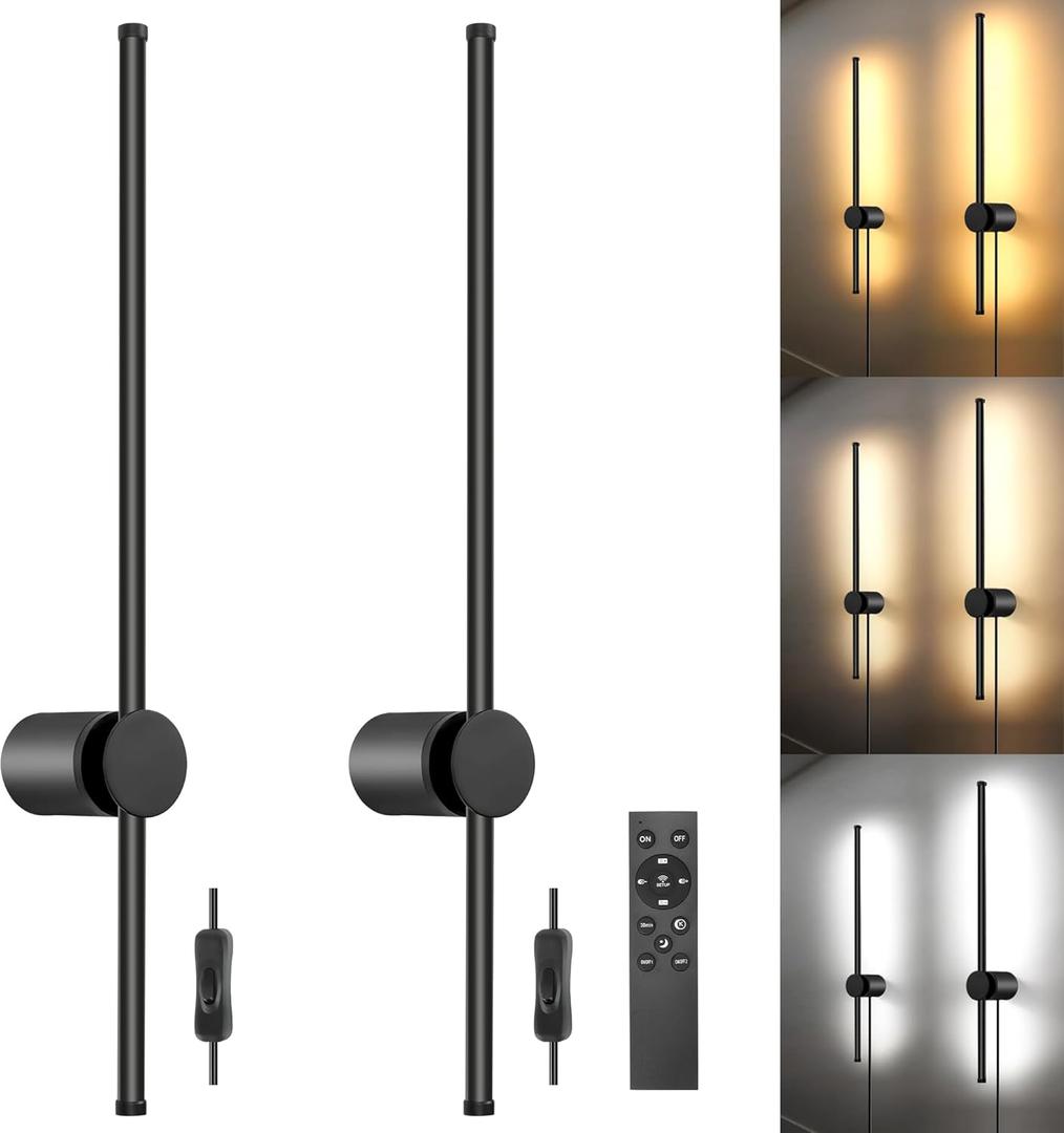 Wall Sconces Set of Two with Remote, Stepless Colors 3000K-6500K & Stepless Dimming, Hardwire or Plug-in, 180 Rotate, LED Black Plug in Wall Sconces with Timer & Night Light, 23.6 Inches (Black, Stepless Color Temperature: 3000K-6500K)