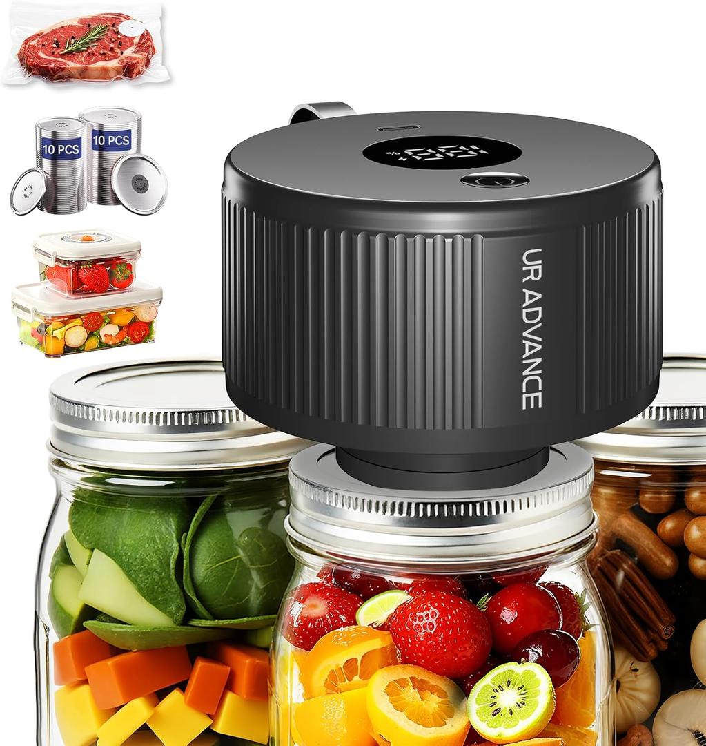 Upgraded 3-in-1 Electric Mason Jar Vacuum Sealer Kit for Jars, Bags, Food Savers & Containers | Auto-Stop Jar Sealer with 4-Hours Battery Life & One-Handed Operation for Dry Foods, Jams & Leftovers (Black)