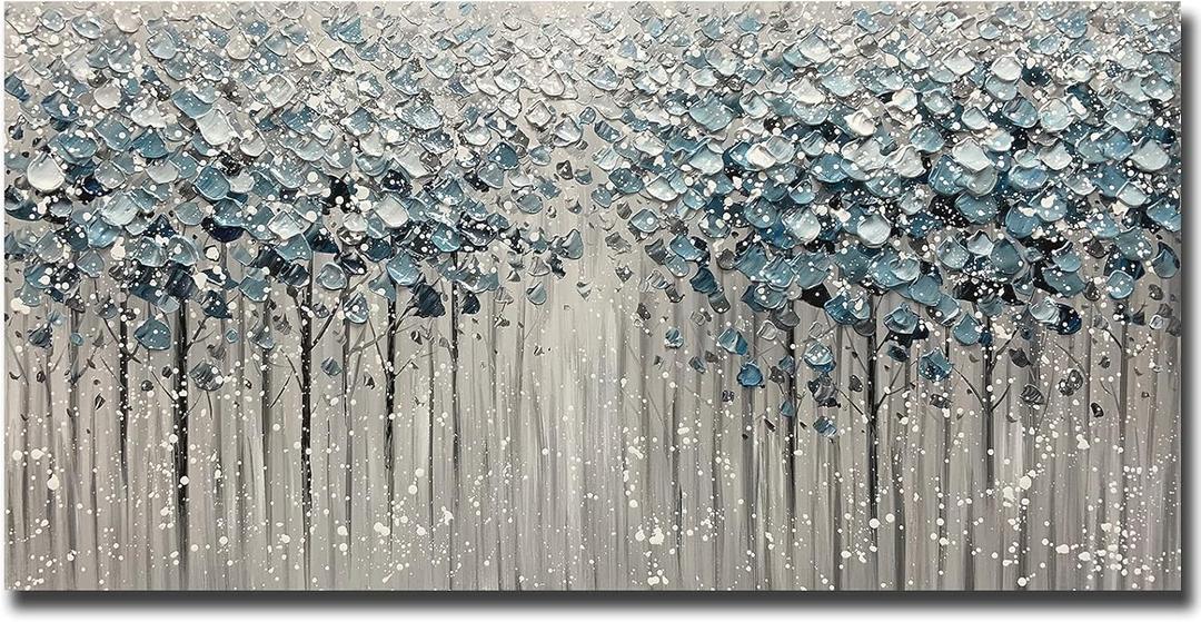 Yotree Paintings - 24x48 Inch 3D Oil Paintings on Canvas Blue Forest Heavy Texture Acrylic Painting Wall Art Wall Decoration Wood Inside Framed Hanging Ready to Hang
