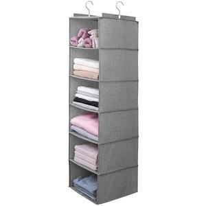 tulinstiraga Large Hanging Sweater Organizer for Closet,Collapsible 6-Shelf Hanging Closet Shelves with Drawers, Washable (Grey-6 Shelf)