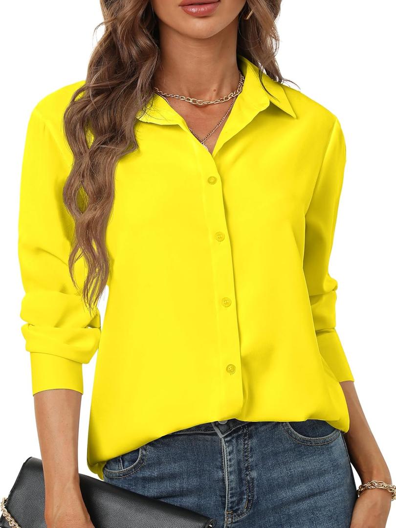 Women's Button Down Shirts Long Sleeve Basic Classic Soft Shirt Collared Fashion Dressy Casual Blouses (Medium, 5288_bright Yellow)