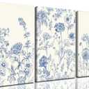 Blue Botanical Canvas Wall Art, 3 Piece Gallery Wrapped Set, 16x24 Inch
