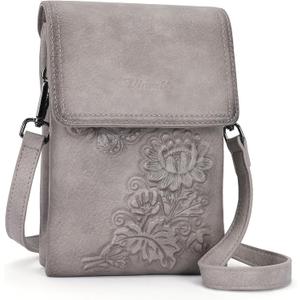 Small Crossbody Bags for Women Trendy Vegan Leather Cell Phone Bag Embossed Flower Design Wallet Purses with Strap (04-gray)