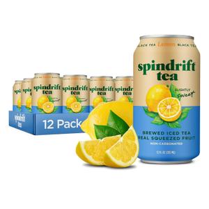 Spindrift Brewed Iced Tea, Lemon Black Tea, Made with Real Squeezed Fruit, No Carbonation, Slightly Sweet, 12 Fl Oz Cans, Pack of 12 (Only 22 Calories per Can) (EXP 11/25/26)