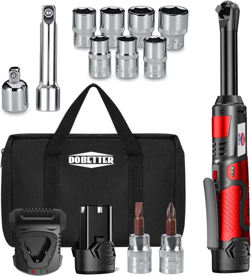 Electric Ratchet Wrench 3/8 Cordless Ratchet Wrench Set, Extended 55 Nm Battery Powered Ratchet Tool with 7 Sockets, 2 Screwdrivers, 1 Extender, 1/4" Adapter and Bag-DBCRWI2L