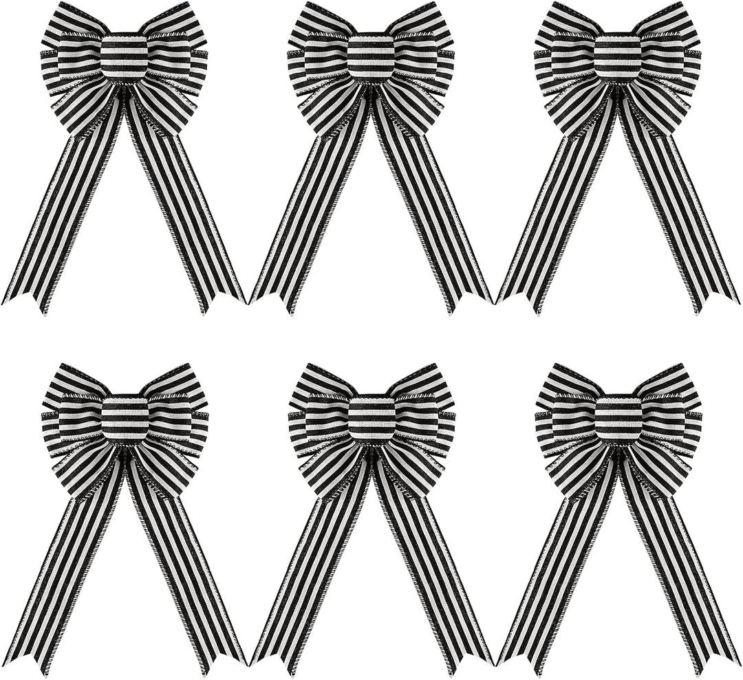 WILLBOND 6 Pcs Christmas Buffalo Plaid Bow Black and White Stripe Wreath Bow Xmas Garland for Christmas Tree Home Crafts Decoration Supplies 6 x 12 Inches(Black and White)