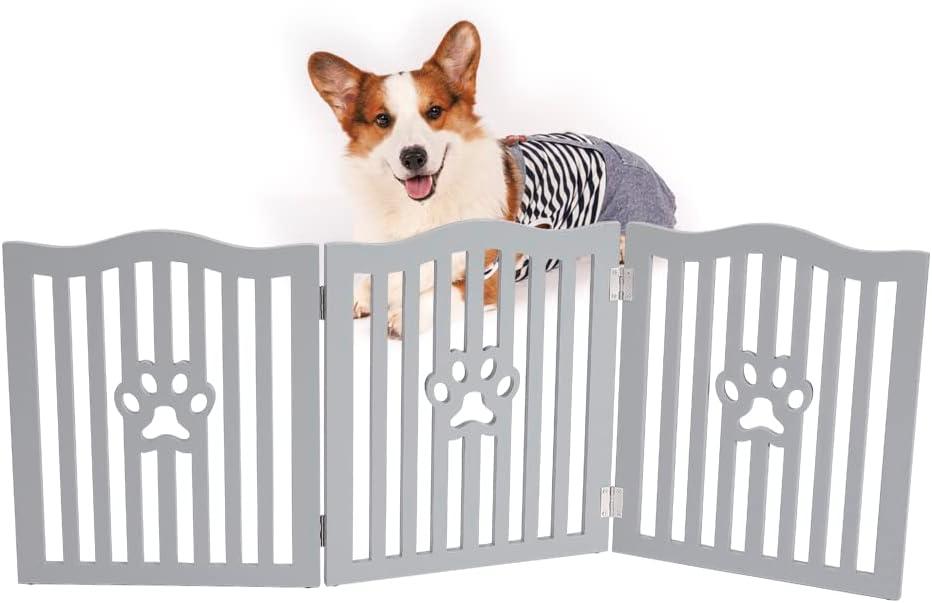 Pet Gate, Wooden Free Standing Dog Gate for Small Dogs and Cats. Great Folding Fence for Doorways, Halls, Stairs. Grey