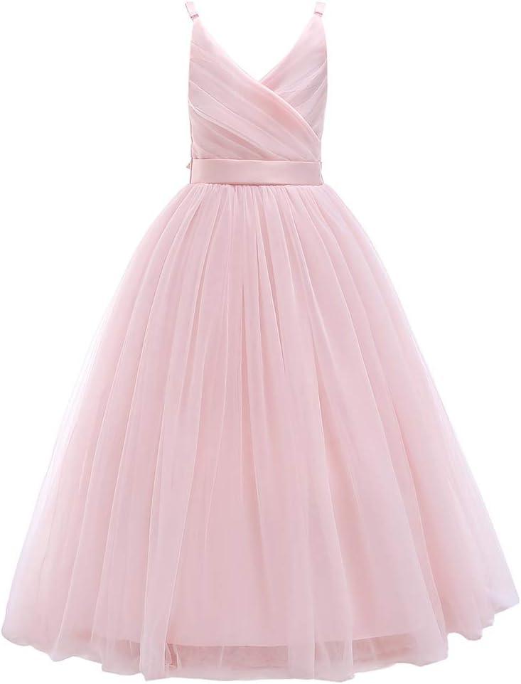 Glamulice Flower Girls Spaghetti Strap Tulle Dress Long A Line Wedding Pageant Dresses Princess Birthday Party Ball Gown (Pink) 130