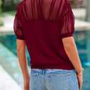 PRETTYGARDEN Women's 2025 Summer Crew Neck Short Sleeve Shirts Lace Going Out Sheer Mesh Crop Tops Dressy Casual Blouses (Red, L)