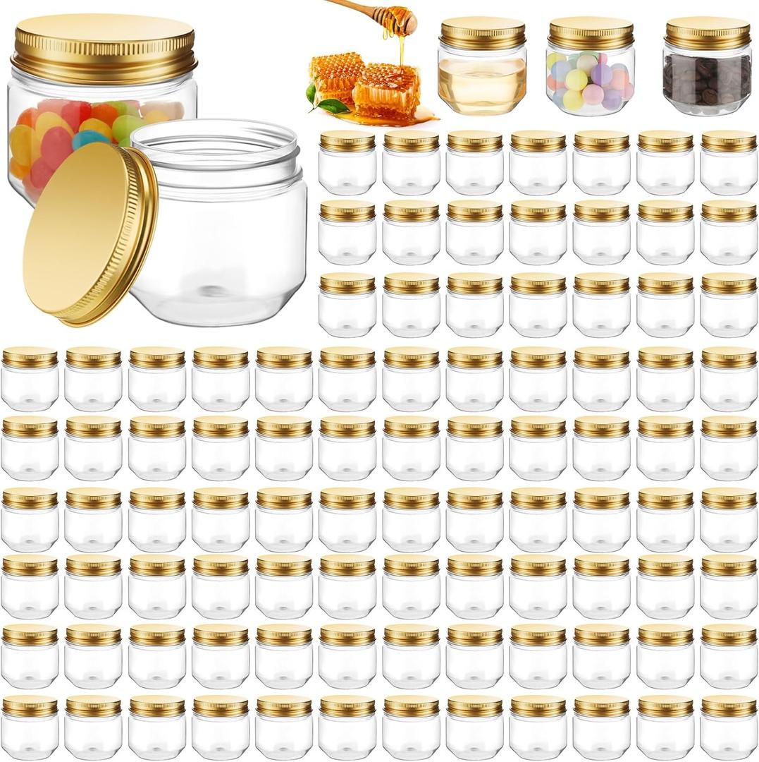 Maxcheck 105 Pcs 3 oz Wide Mouth Mason Jars Clear Plastic Jars with Lids Mini Storage Containers Bulk for Herb Jelly Wedding Favors Shower Party Favors(Gold)