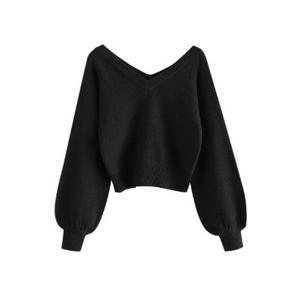 ZAFUL Women's Cropped Sweater V-Neck Long Sleeve Crop Sweater Pullover Jumper Knit Top, XL