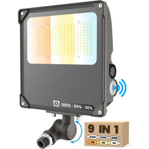 YARBO 9-in-1 LED Flood Light, 80W/60W/40W & 5000K/4000K/3000K Selectable, Timer Dimming & Dusk-to-Dawn Photocell, 12000LM IP65 Waterproof ETL Listed AC100-277V, Knuckle Mount for Patio Garage Backyard