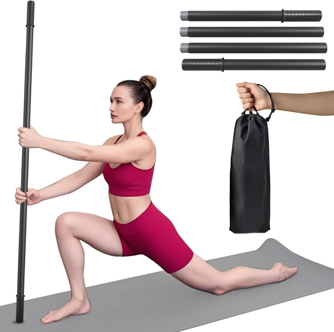 Yoga Stick 5ft, Adjustable Stretching Stick with 4 Steel Rods, Non-Slip Handle and Exercise Guide for Stretching and Exercise Physical Therapy, Pilates, Multi-Functional Fitness Stick