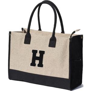 ESVAN Personalized Gifts Canvas Tote Linen Bags Handbags Top Zipper Closure Initial Retro Utility Tote