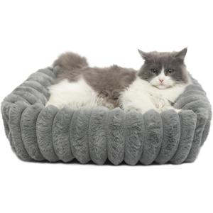 Small Cat Beds for Indoor Cats Washable Furry Kitten Beds with Sides,Rectangle Orthopedic Soft Calming Comfy Sleeping Extra Small Pet Beds for Cats Dogs Puppy,18x14x4 Inch,Warm Grey