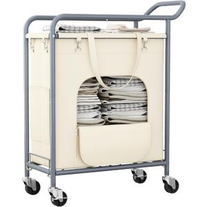 Laundry Basket with Wheels,150L Large Rolling Laundry Hamper, Heavy-Duty Laundry Cart Sturdy Metal Frame with Handle, Minimizes Bending Easy Access Clothing for Bedroom, Bathroom, Laundry Room (Beige), 28.35" x 12.6" x 27.56"