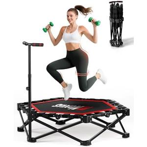 42" Foldable Mini Trampoline- 450lb Capacity Fitness Rebounder w/3-Level Adjustable T-Bar, Adults Workout Trampoline, Non-Slip Pad | Foldable Design for Home/Gym