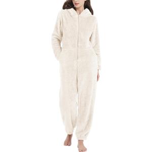 Kissonic Women's Onesies Pajamas Sherpa Fleece One Piece Romper Zipper Cute Hooded Jumpsuit Pajama Loungewear (Large, Beige)