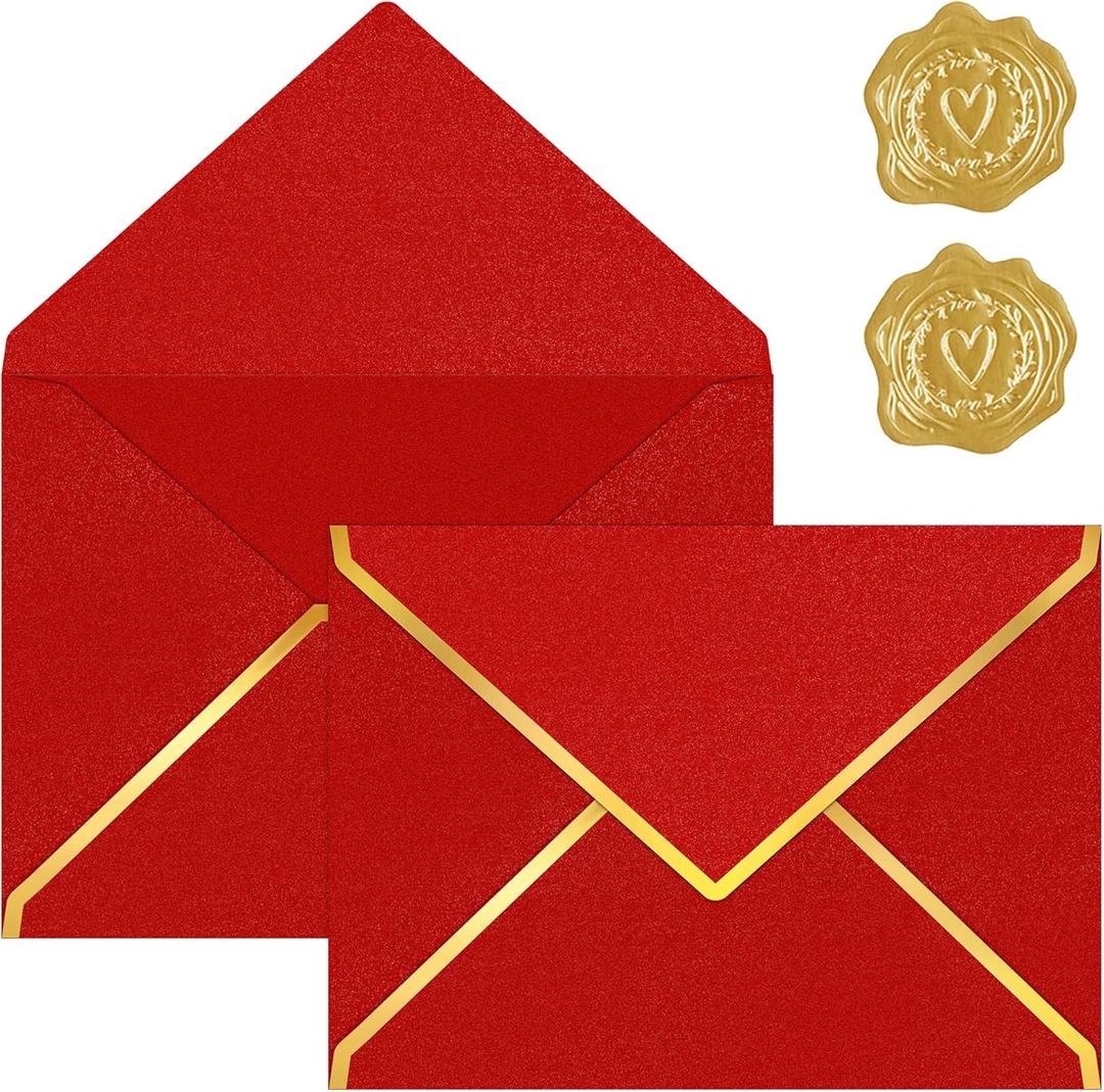 30 Pack 5x7 A7 Envelopes for Invitations, 250g Small Red Envelopes Business Mailing Envelope with Gold Foil V Flap Gold Seal for Wedding Thank You Cards Birthday Baby Shower Cards (Red)