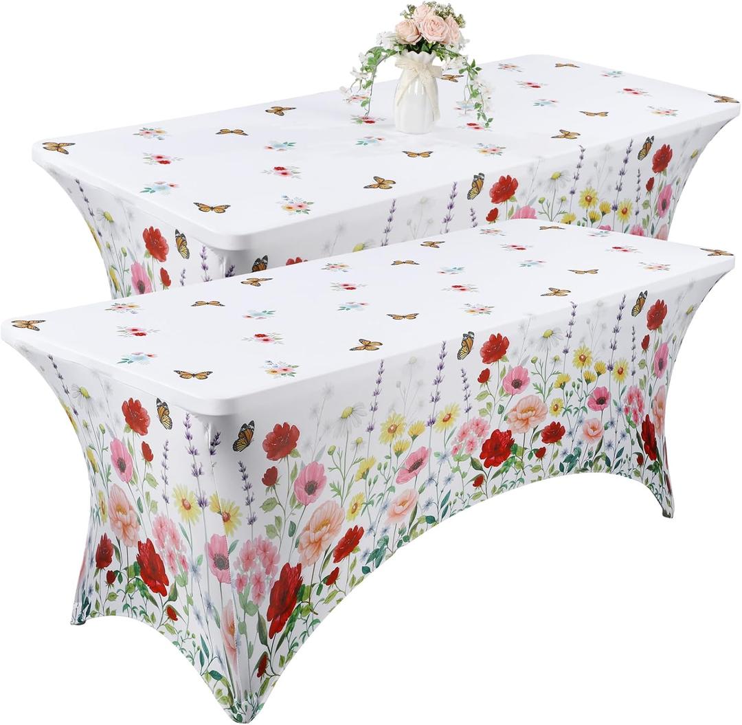 Moukeren 2 Pack Flower Spandex Tablecloth 6ft Stretch Table Cloths Fitted Rectangular Table Cover Washable Decorative Cloth for Party Wedding Banquet Birthday Celebration Decor(Poppy Flower)
