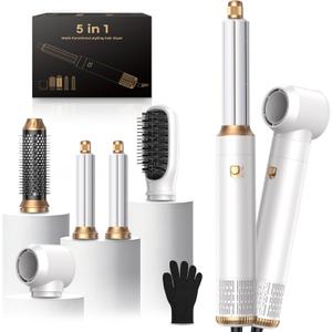 Hair Dryer Brush Set 5 in 1, Hot Air Styler Negative Ion Air Curling Wrap Air Curler, Round Brush Blow Dryer Curling Iron Hair Styling Tools Gift for Dry,Volumize, Straight,Curl,100-120V (White)