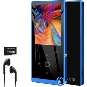 136GB MP3 Player with Bluetooth 5.2, Mini Blue Music Player with 2.4" Large Screen Built-in Speaker, FM Radio, Voice Recorder, HiFi Sound, E-Book Function, Earphones Included
