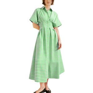 Yeokou Women Plaid Shirt Dress Short Sleeve Button Down Pleated Gingham A Line Maxi Dresses Casual Sundress with Pockets, M