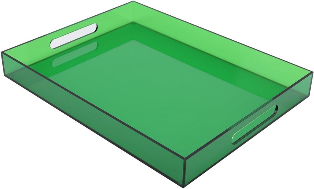 Large Acrylic Tray Ottoman Coffee Table Tray with Handles 17x13'' Decorative Serving Platter for Food Tea Dinner Snack Eating Bar Party, Emerald Green