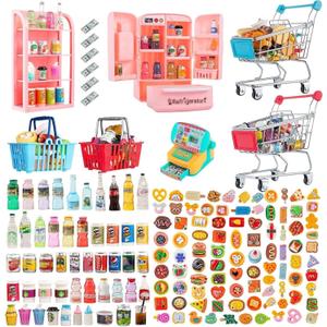 164Pcs Mini Shopping Cart Basket Miniature Food Drink Toy Supermarket Metal Handcart Trolley DollHouse Store Grocery Accessories Kitchen Play Game Party Model Shelves Cash Register Refrigerator Fridge
