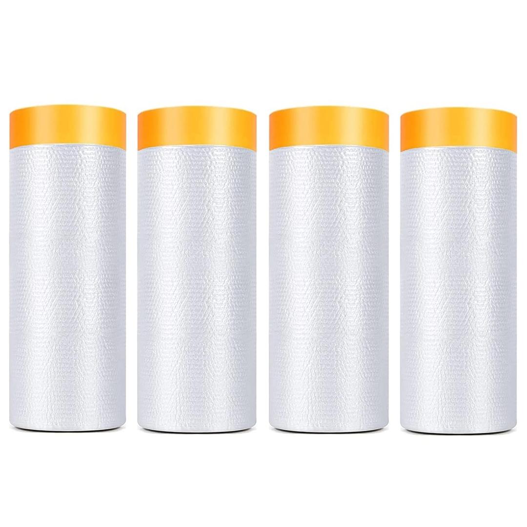 Painters Plastic With Tape, Pre-Taped Masking Film, 4 Rolls Automotive Best Tape and Drape, Paint Adhesive Protective Film Roll for Covering Skirting, Frames, Cars and Auto Body (5 X 65-Feet)