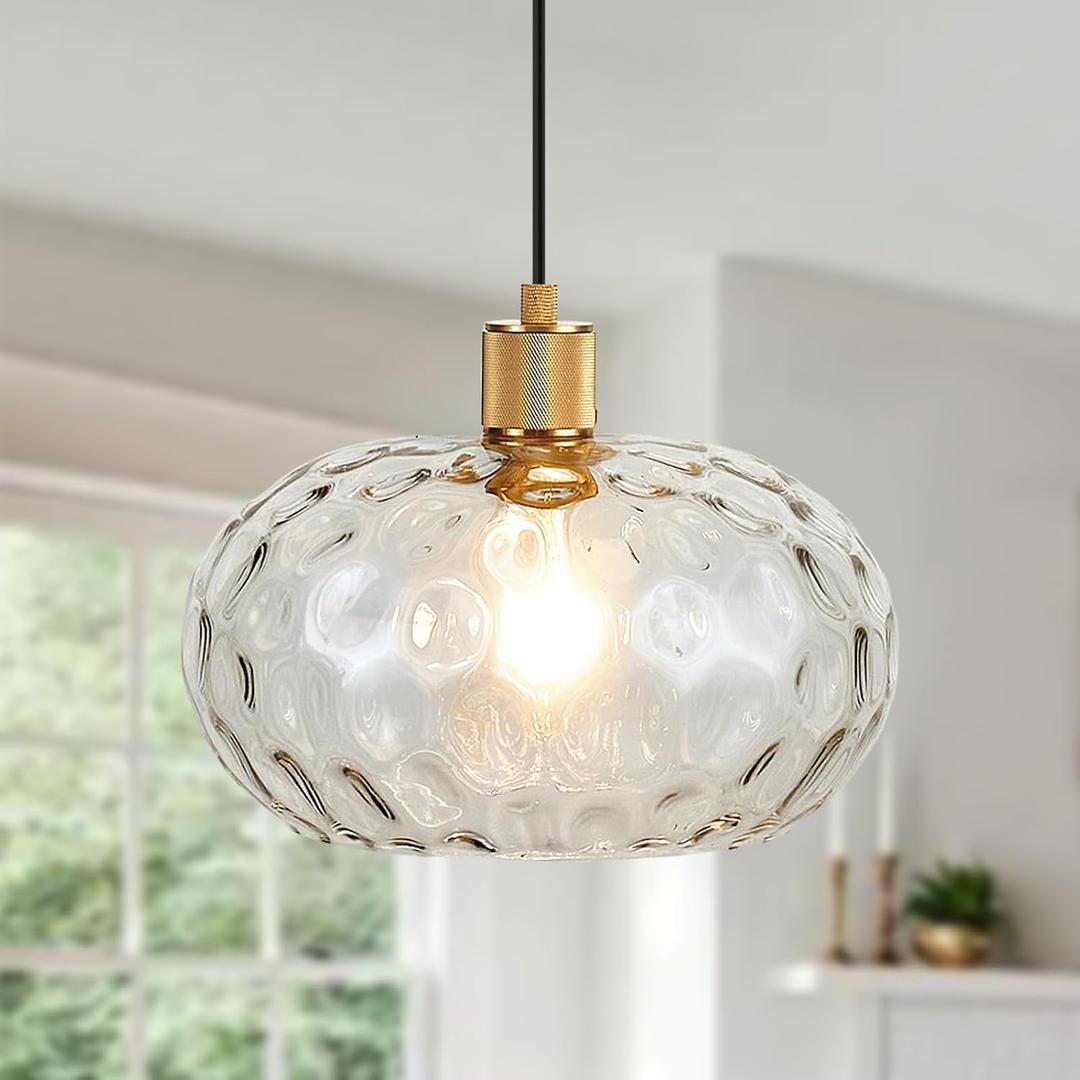 Glass Pendant Lights Kitchen Island 8 Inch Adjustable Pendant Light Fixtures with Hand-Blown Hammer Glass Farmhouse Hanging Light for Kitchen Sink Dining Room Bedroom Hallway